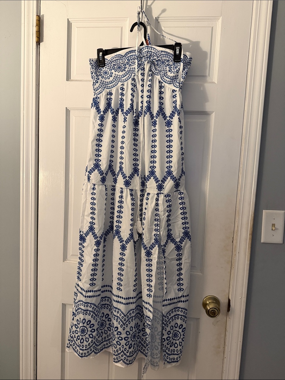 Halter White Dress with Blue Embroidered Pattern
